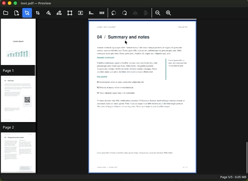 Signing a PDF: the signature library next to a document, with an inserted signature selected and its editing controls visible.