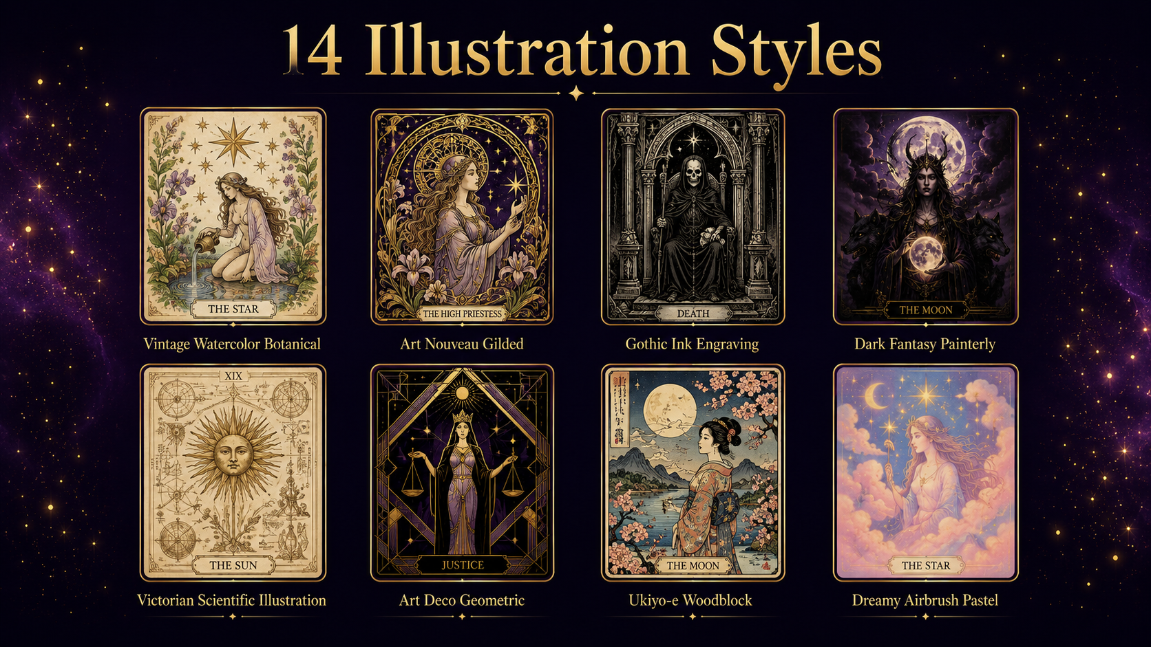 Overview of the 14 illustration styles the engine can generate for tarot and oracle decks