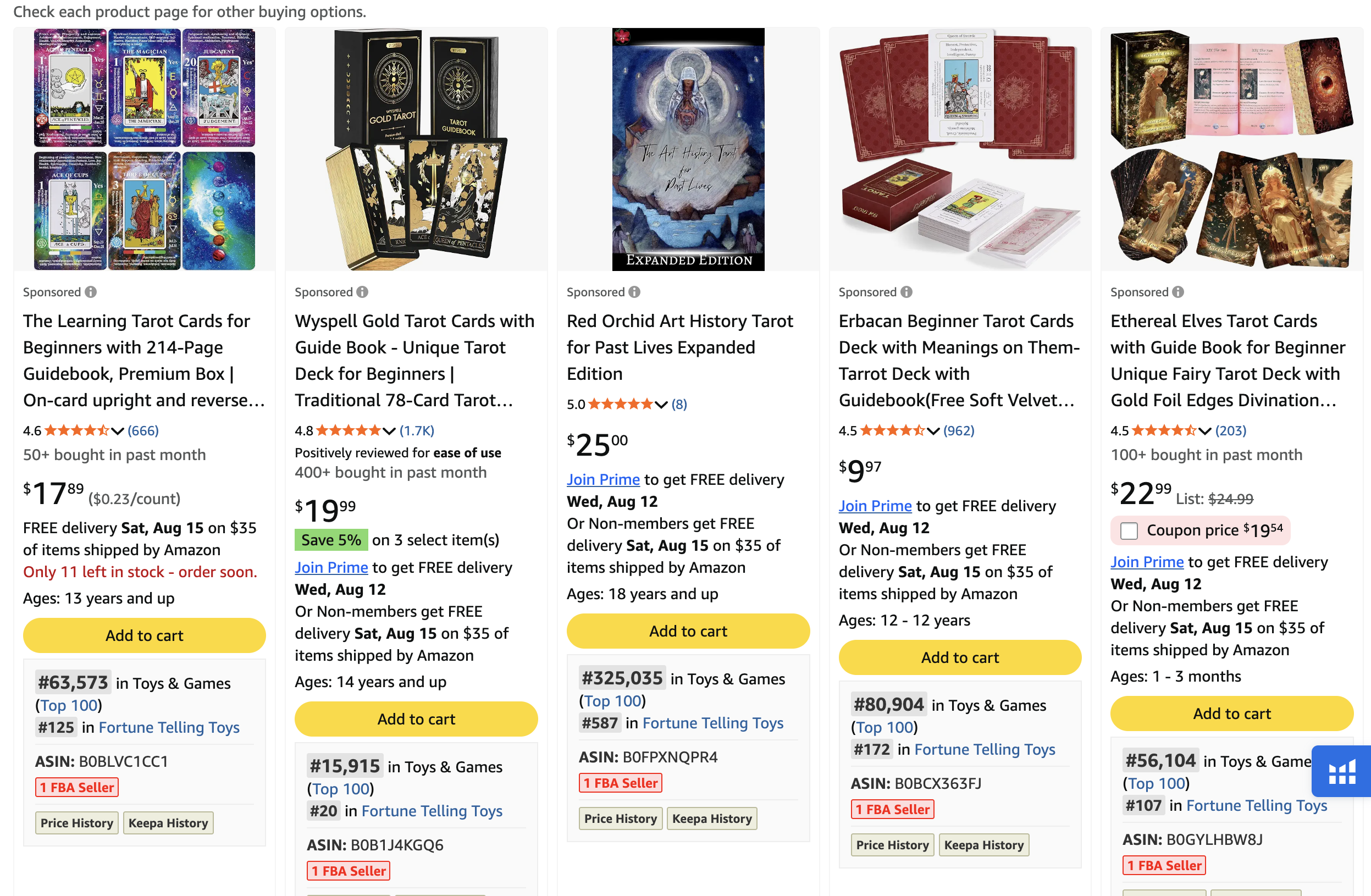 Amazon listings for tarot card decks with guidebooks, showing star ratings, review counts and bestseller rank in Fortune Telling Toys