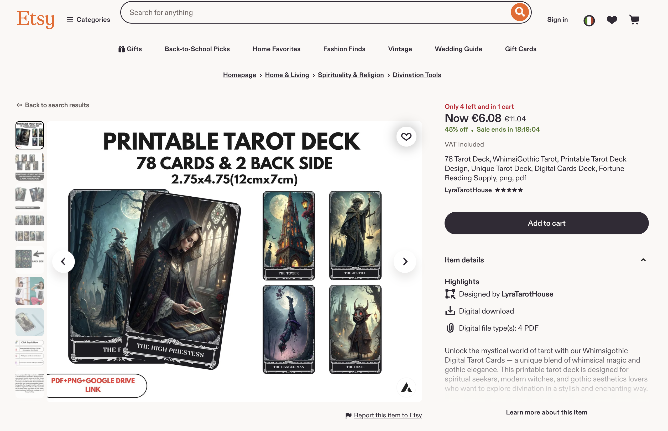 Active Etsy product page for a printable 78-card tarot deck sold as an instant digital download