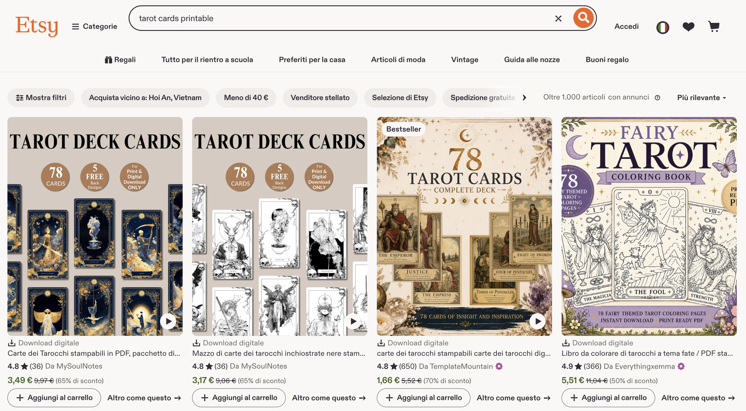 Active Etsy search results for printable tarot card decks, showing digital download listings with star ratings and review counts