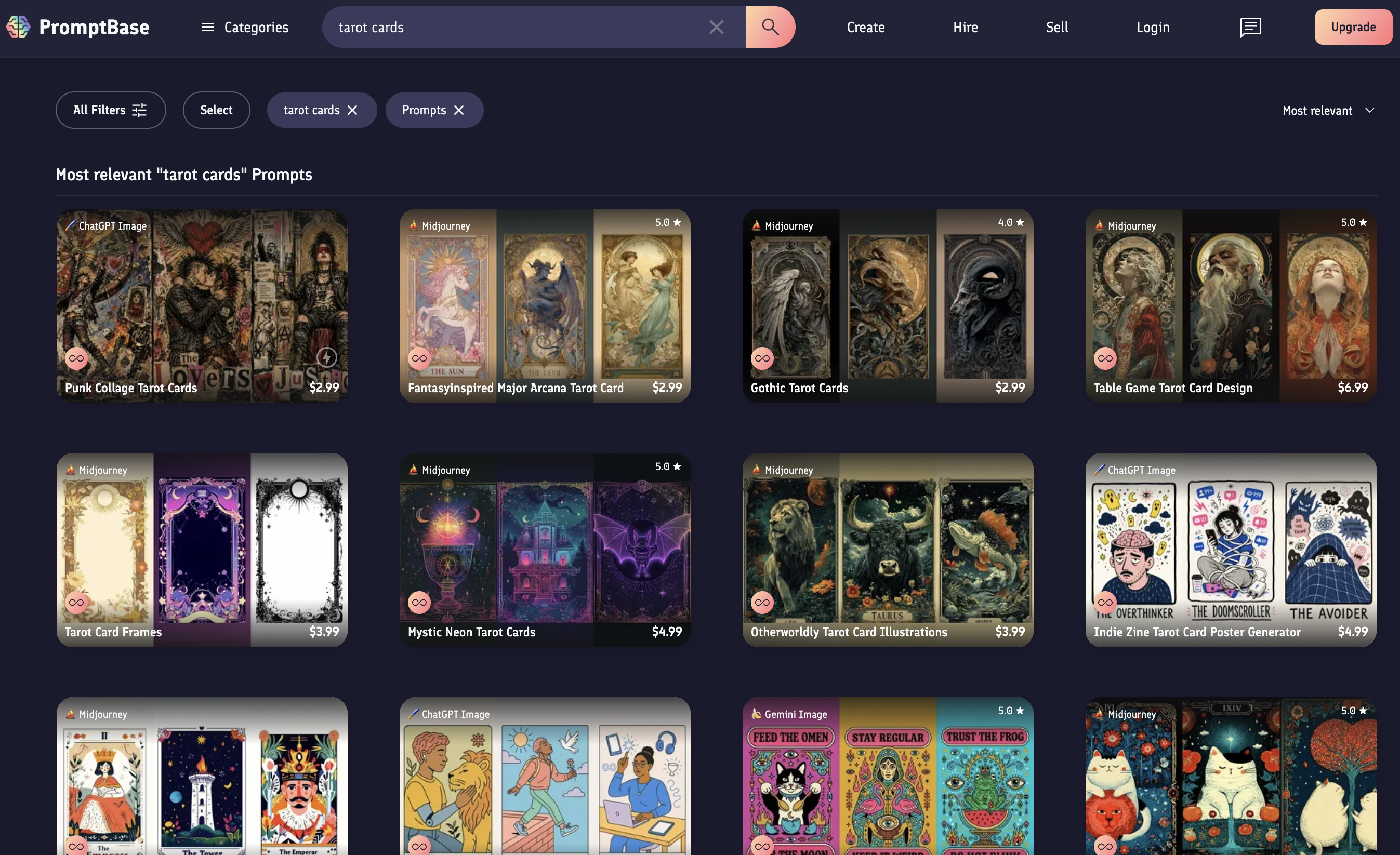 PromptBase search results for tarot card prompts, showing paid prompt listings with prices and star ratings