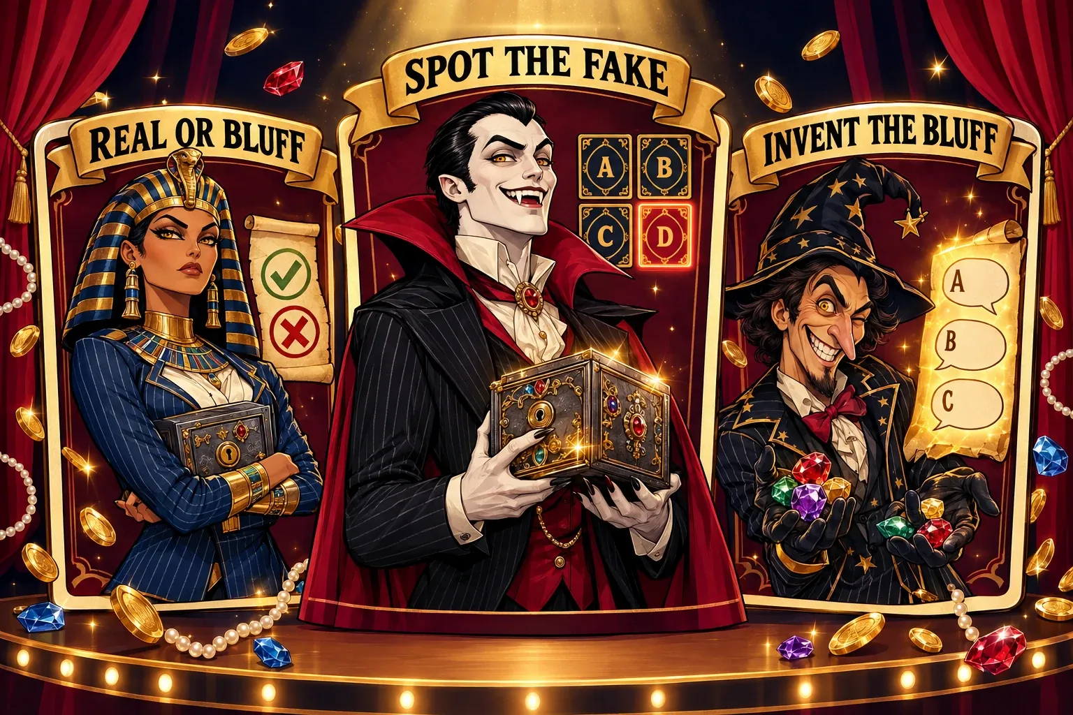 Three game types: Real or Bluff with Queen Nefra, Spot the Fake with Baron Vlad, Invent the Bluff with Fizzwick