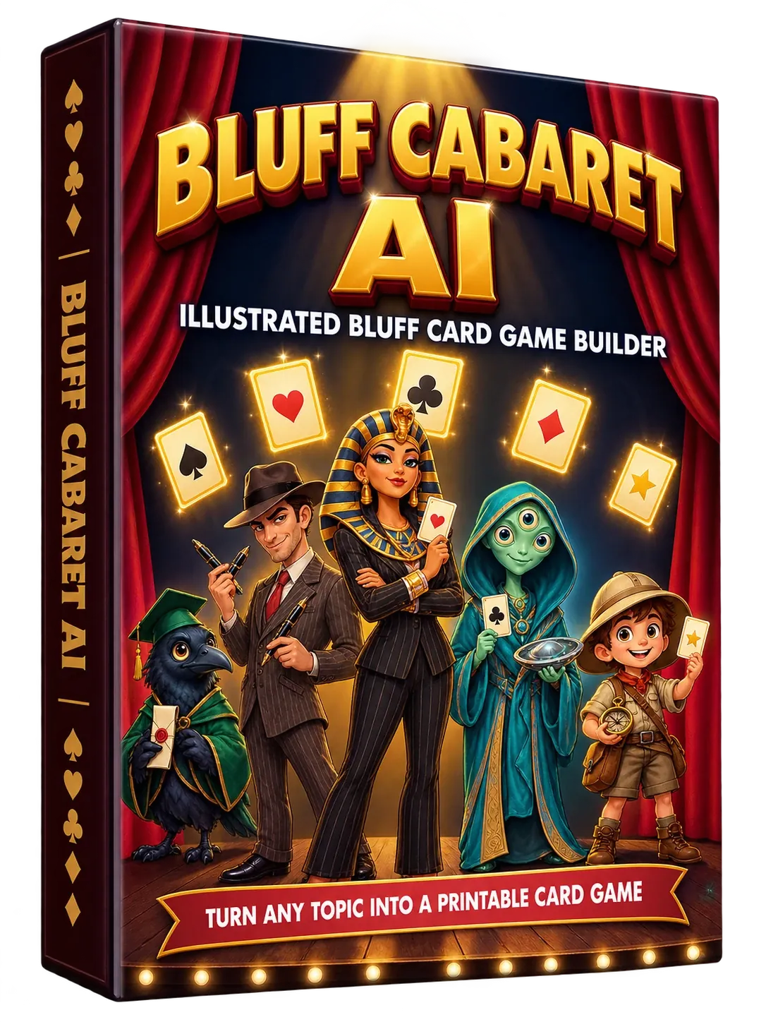 Bluff Cabaret AI product box: illustrated bluff card game builder