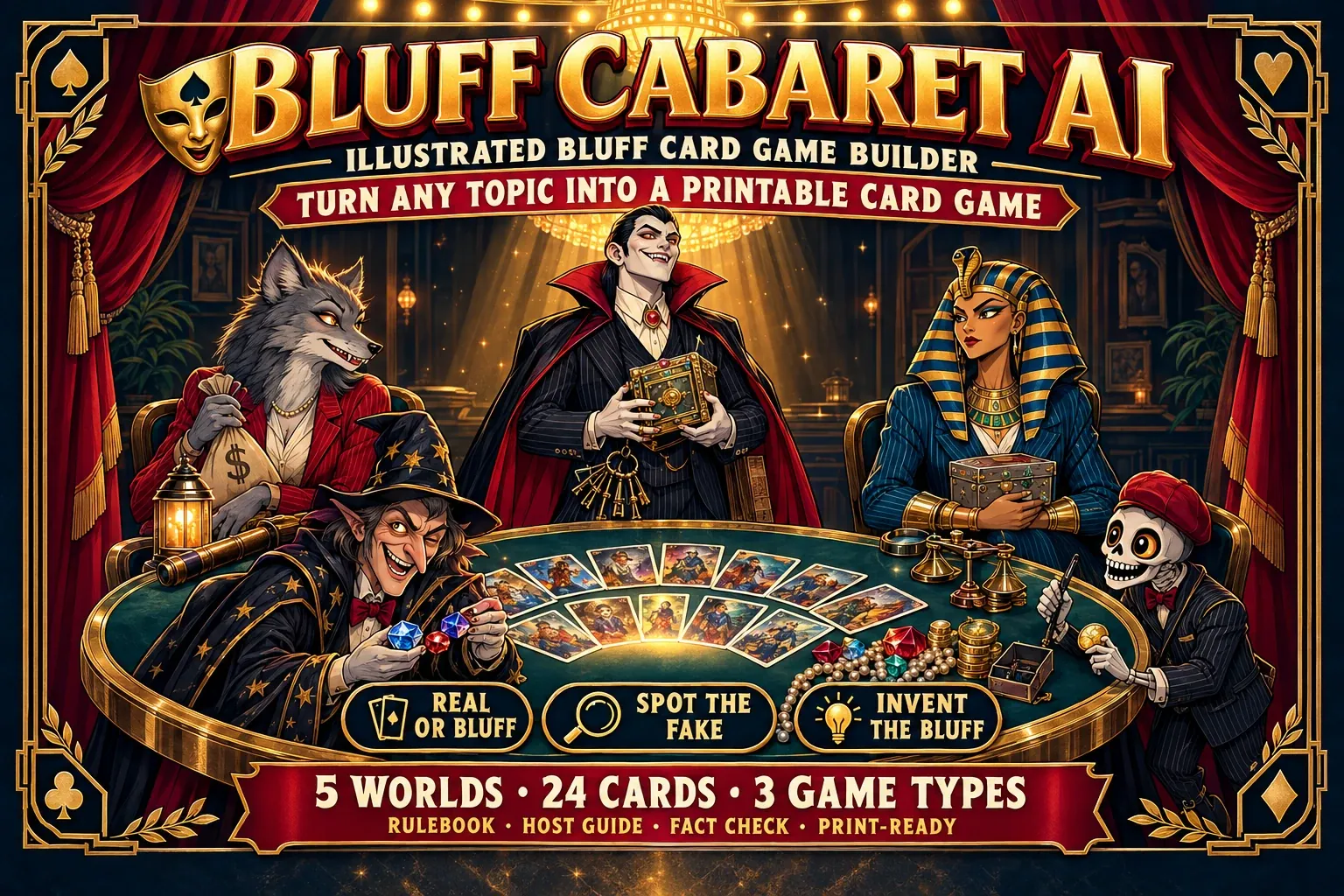 Bluff Cabaret AI: illustrated bluff card games with a cabaret of mischievous monsters
