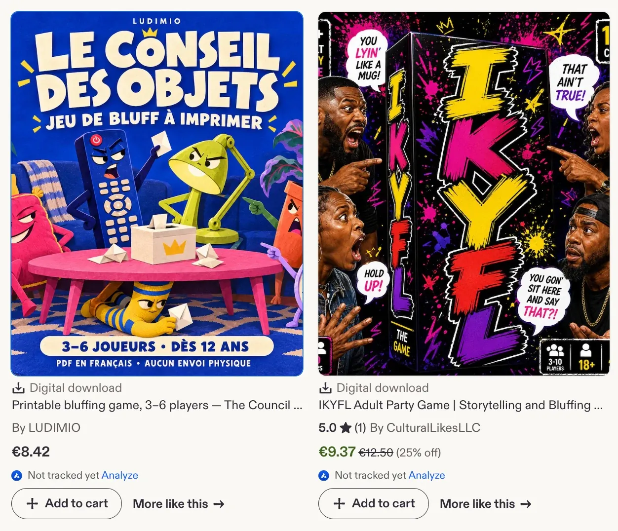 Two Etsy listings: a printable bluffing game for 3 to 6 players at 8.42 euros and an adult storytelling and bluffing party game at 9.37 euros, both digital downloads