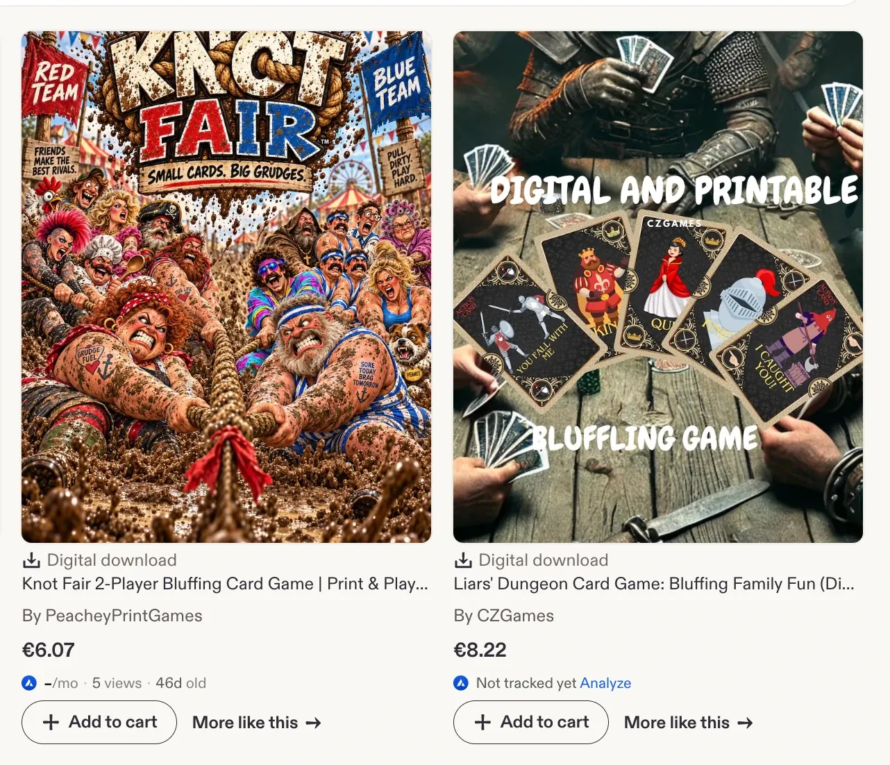 Two Etsy listings: a 2-player print and play bluffing card game at 6.07 euros and a family bluffing card game at 8.22 euros, both digital downloads