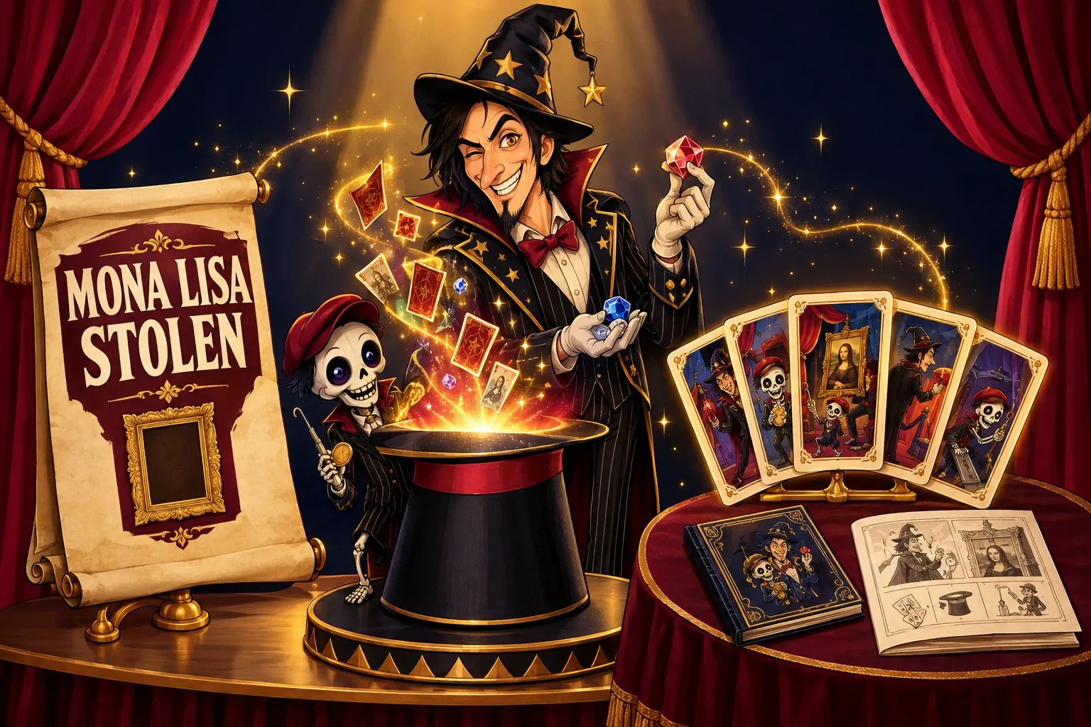 A Menagerie Cabaret magician and skeleton turning the topic Mona Lisa Stolen into a fanned deck of illustrated cards, a box and a rules booklet