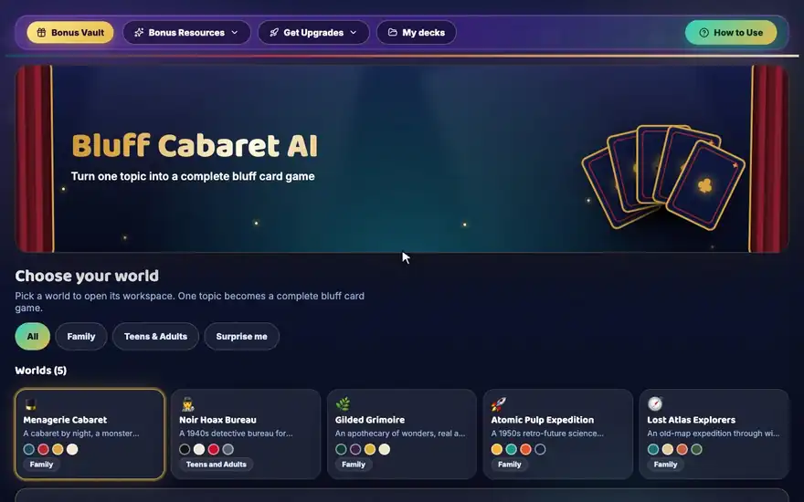 Bluff Cabaret AI Setup: picking the Menagerie Cabaret world, rolling a topic with Surprise Me and copying the ChatGPT prompt