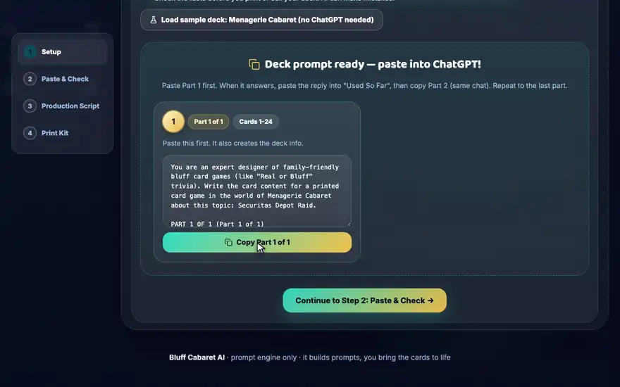 Bluff Cabaret AI Paste and Check: the Fact and Bluff Check and the Game Balance check running on the sample deck