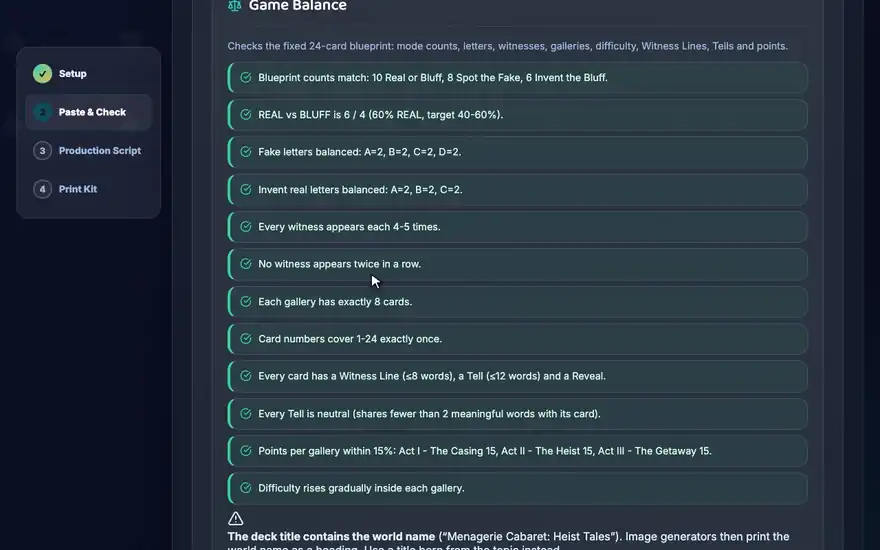 Bluff Cabaret AI Production Script: compiling the ordered image prompts and ticking one as done