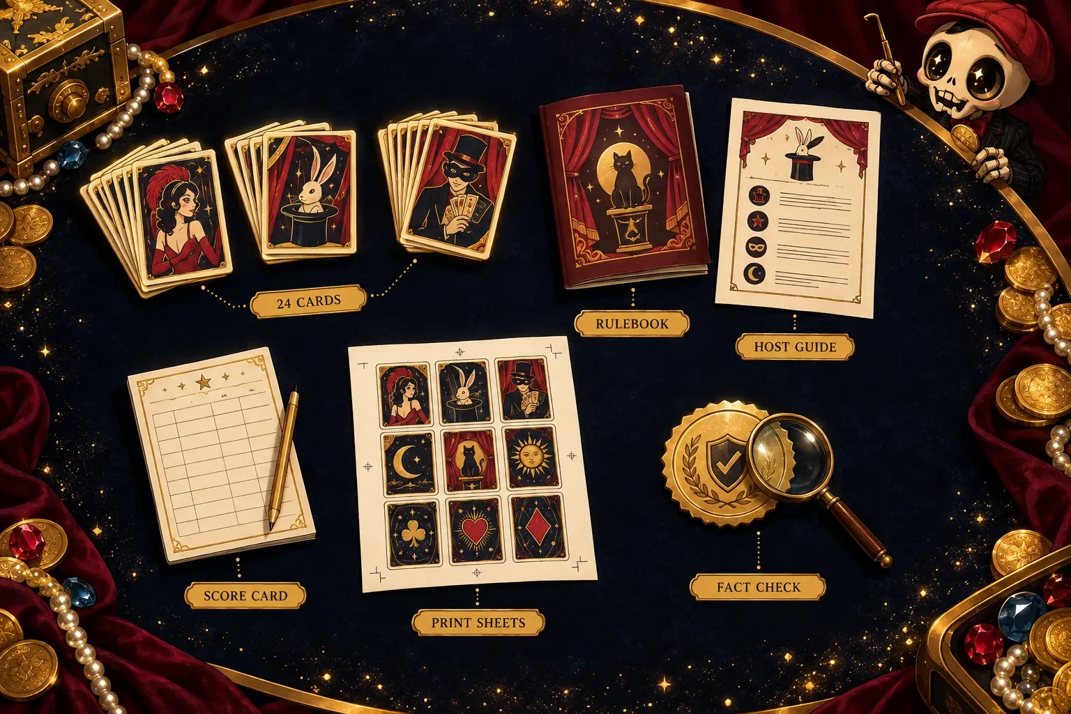 What's included: 24 cards, rulebook, host guide, score card, print sheets and fact check