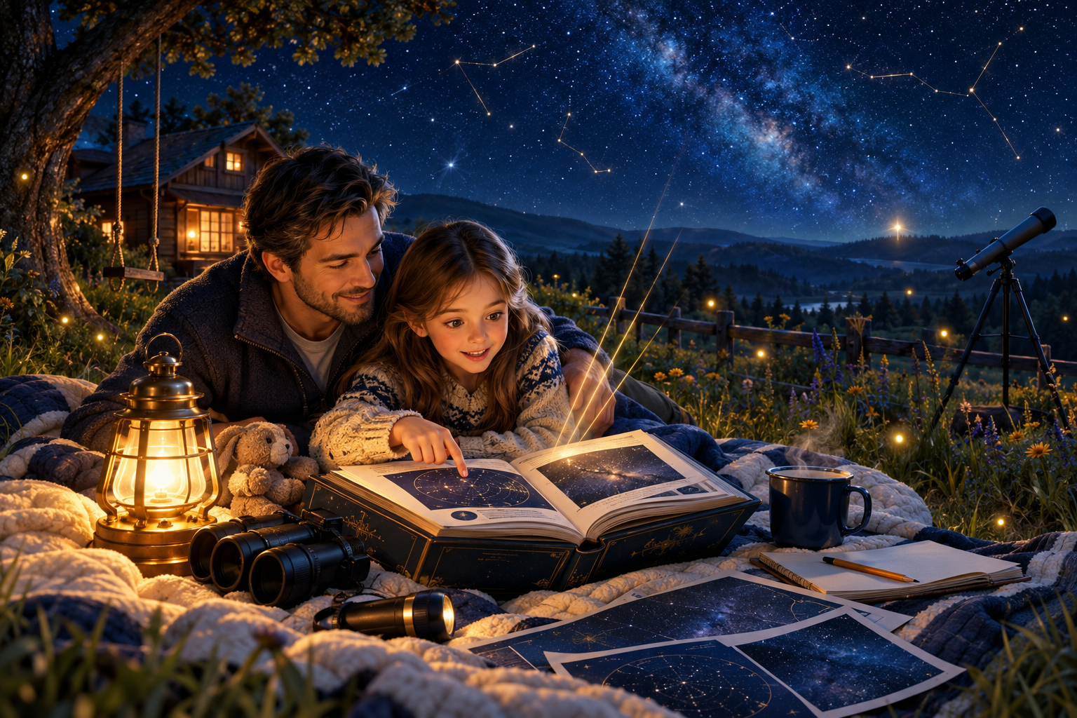 Father and child looking up at the night sky, observing an unexplained sighting