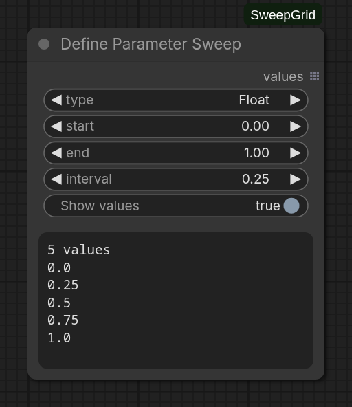 Float parameter sweep with Show values enabled