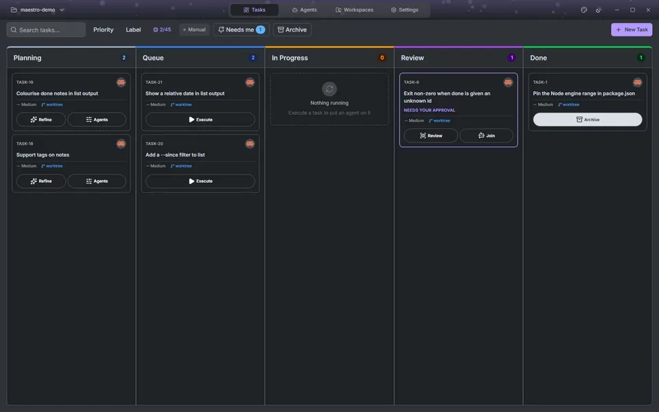 Running a task from the Kanban board, watching the agent work, and reviewing its diff in Maestro