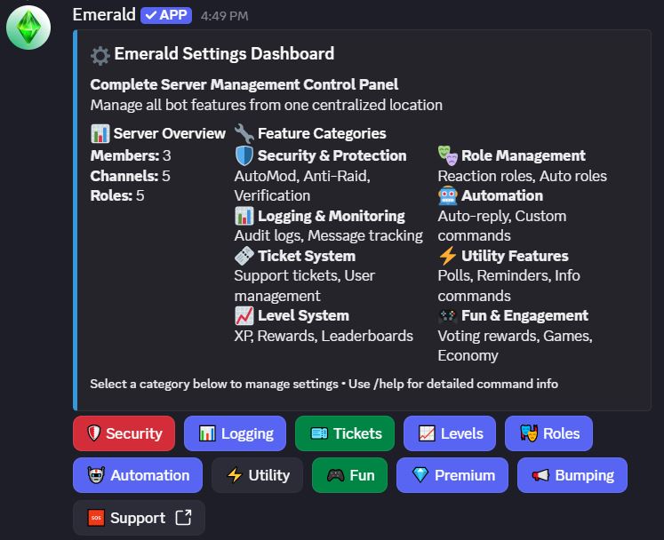 Emerald settings dashboard