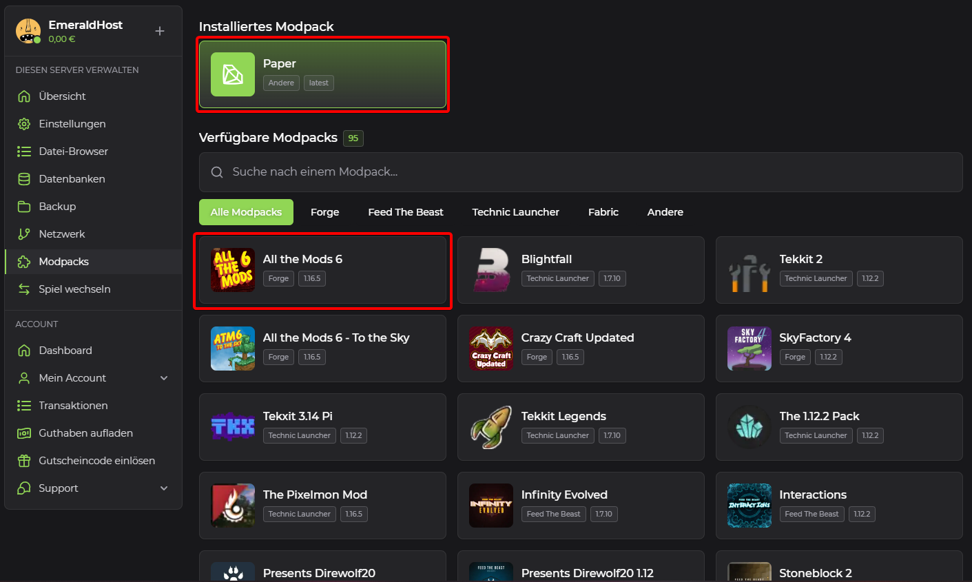 Übersicht „Verfügbare Modpacks“ mit dem hervorgehobenen Modpack „All the Mods 6“