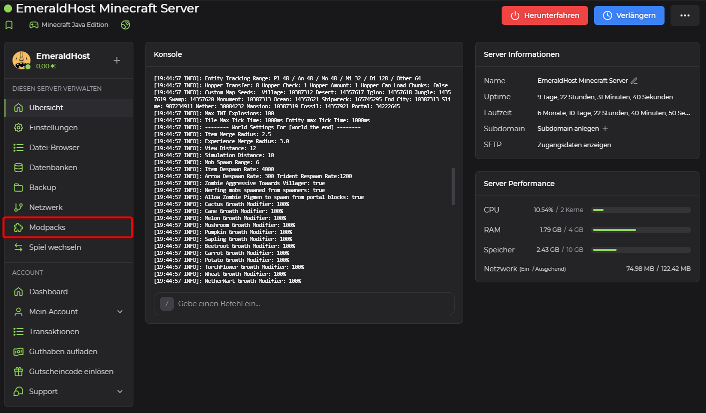 Serververwaltung mit dem markierten Eintrag „Modpacks“ in der Seitenleiste