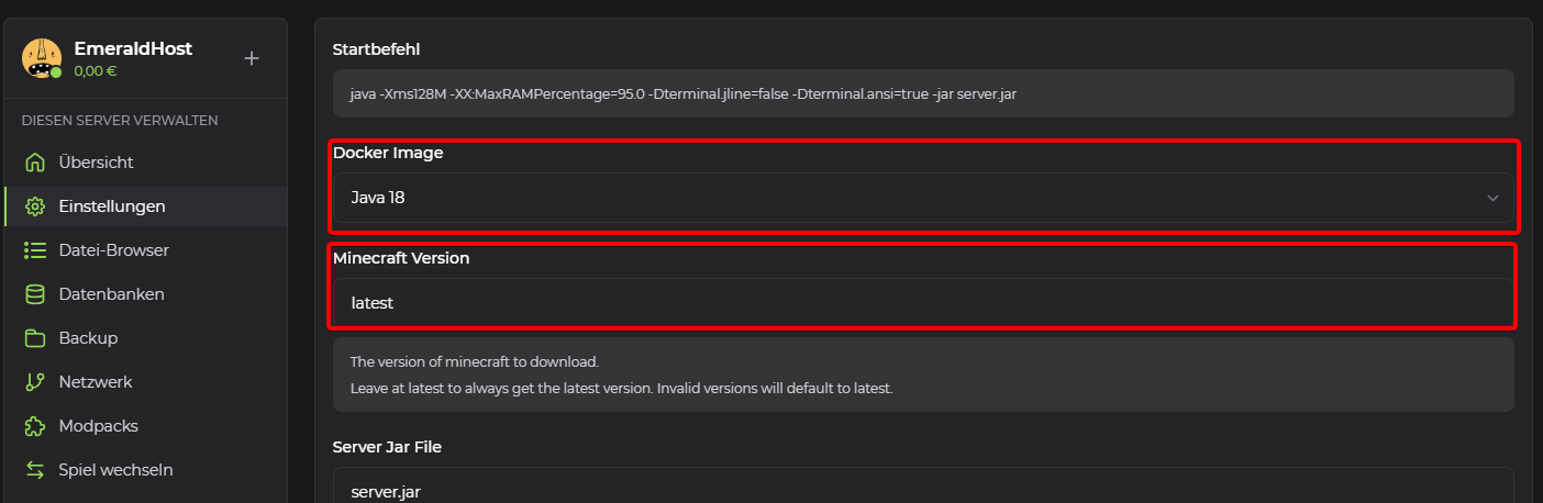 Servereinstellungen mit den hervorgehobenen Feldern „Docker Image“ und „Minecraft Version“