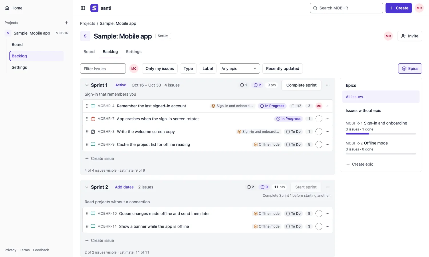Backlog with sprints and the epic panel