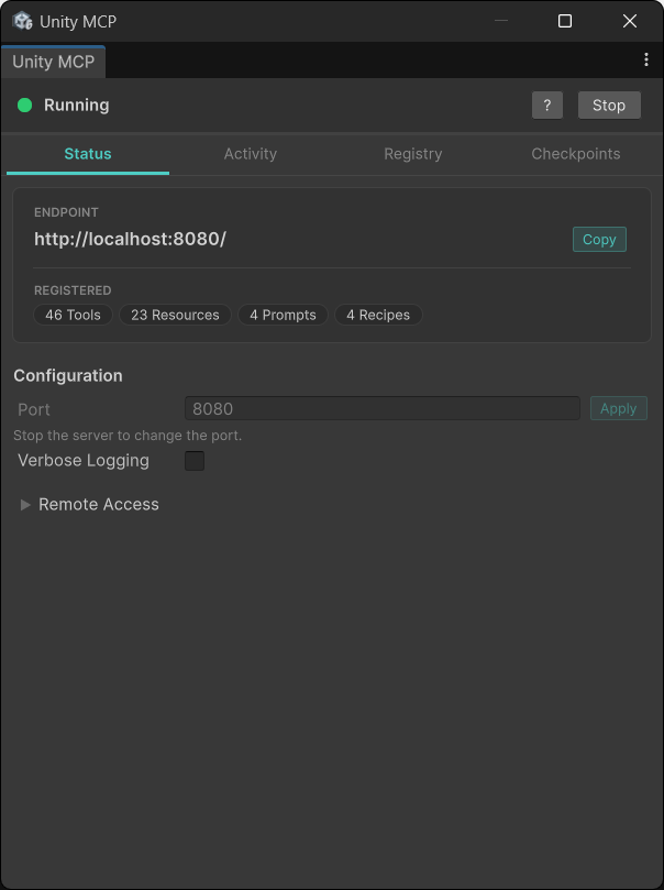 Unity MCP editor window showing the Status, Activity, Registry, and Checkpoints tabs