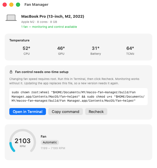 The one-time setup card in Fan Manager