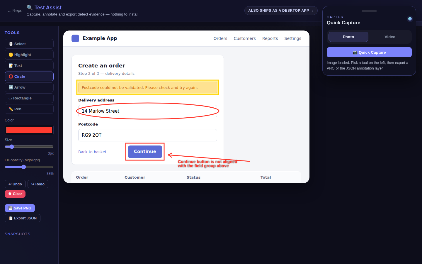 A captured screen being marked up in Test Assist: a highlight over a validation error, a circle on the field it refers to, a boxed defect with an arrow, and a typed note. Both exports are listed in the left rail.
