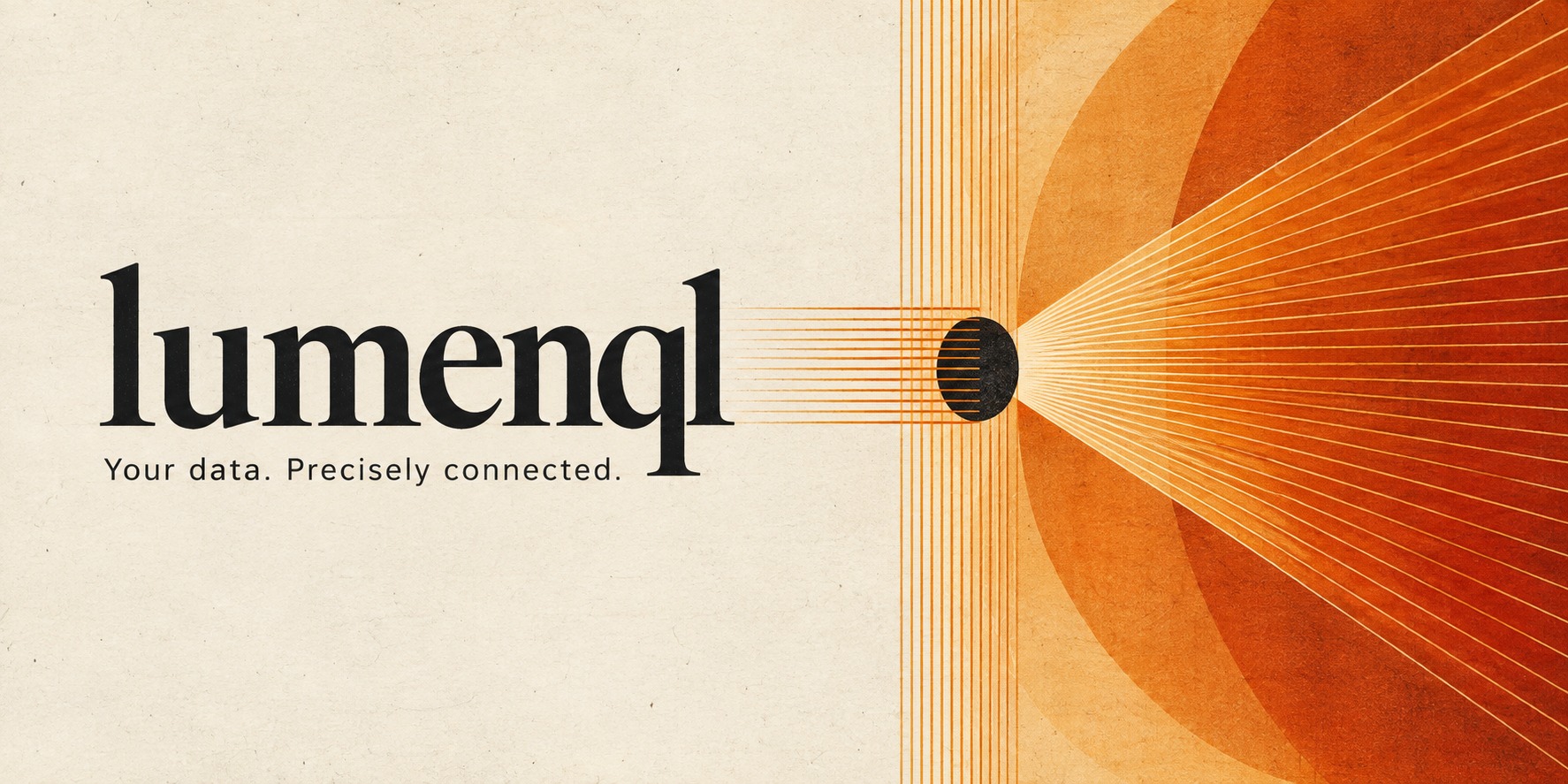 lumenql: Your data. Precisely connected. Amber light rays and optical geometry on warm ivory paper.