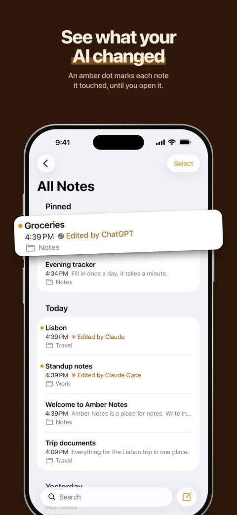 The note list on iPhone, where an amber dot and Edited by ChatGPT or Claude mark each note an AI touched
