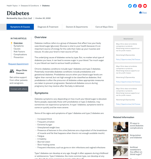 Diabetes page after changing position of clickable outline