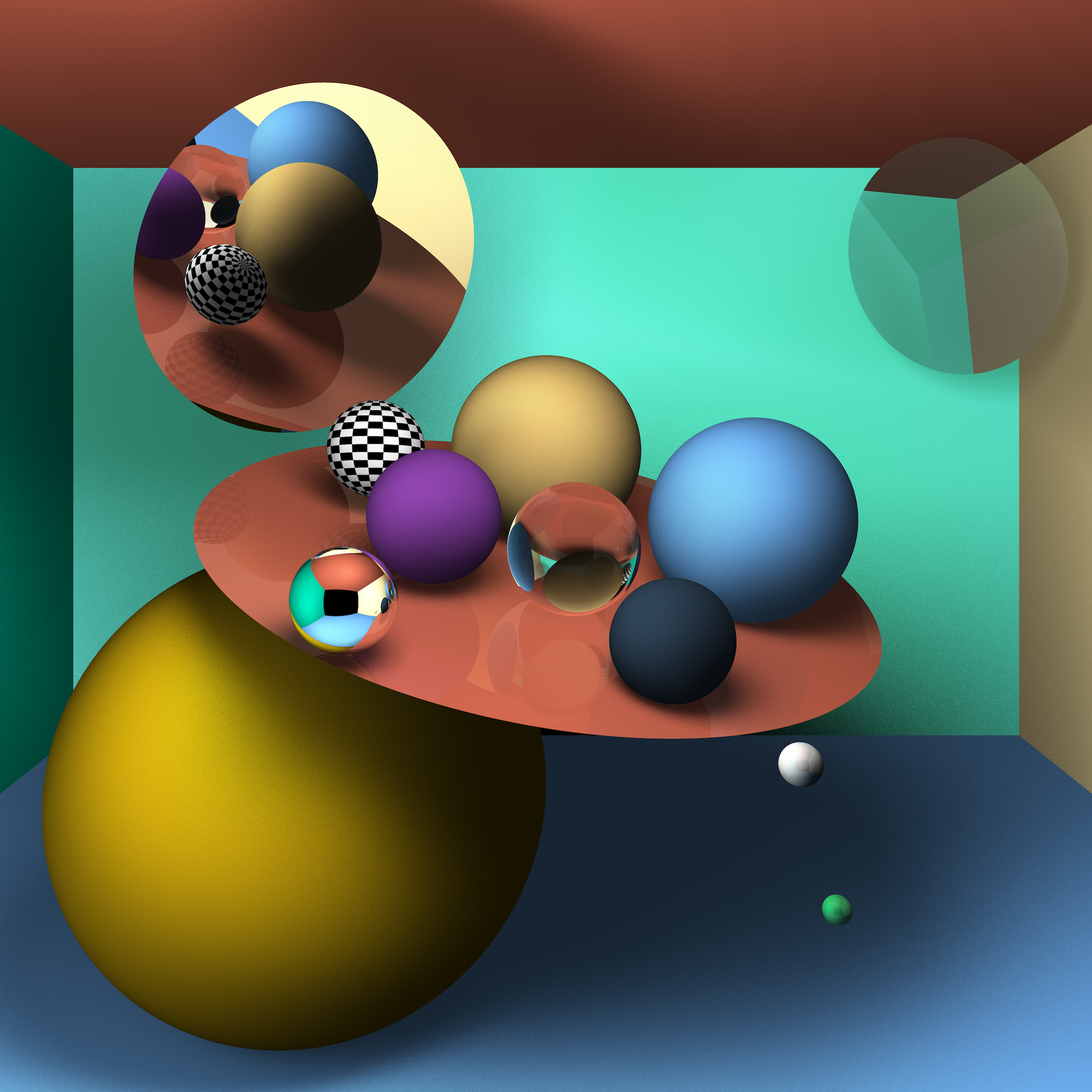 A scene demoing many rendering features of this ray tracer, including refraction and soft shadows.