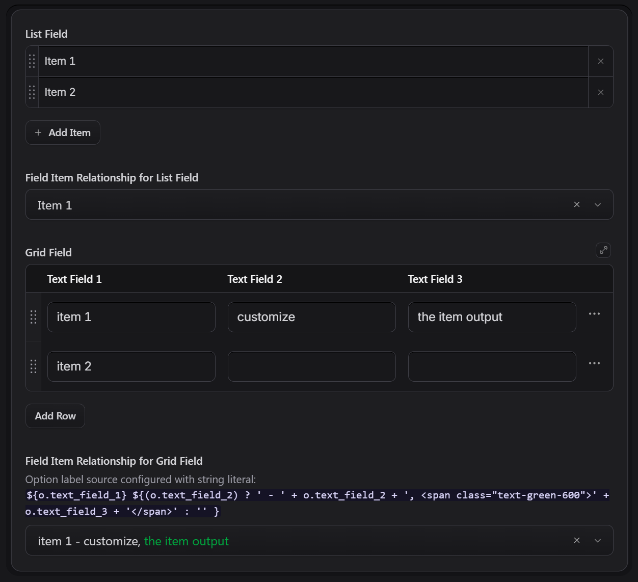 Screenshot of different source field types