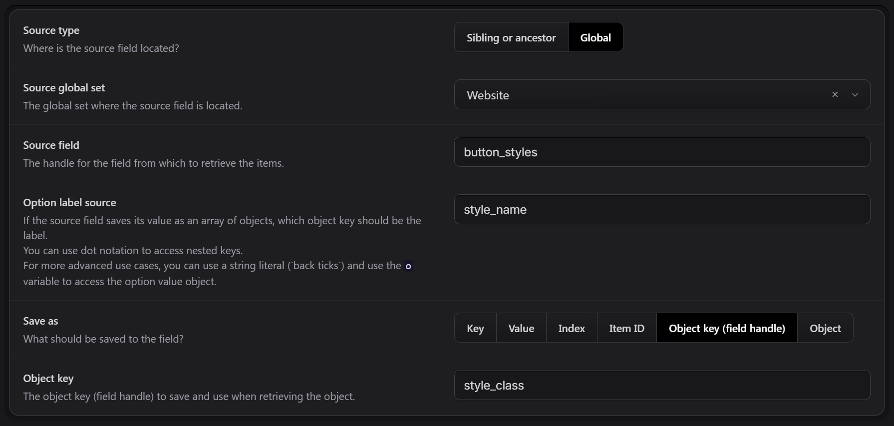 Screenshot of the field configuration