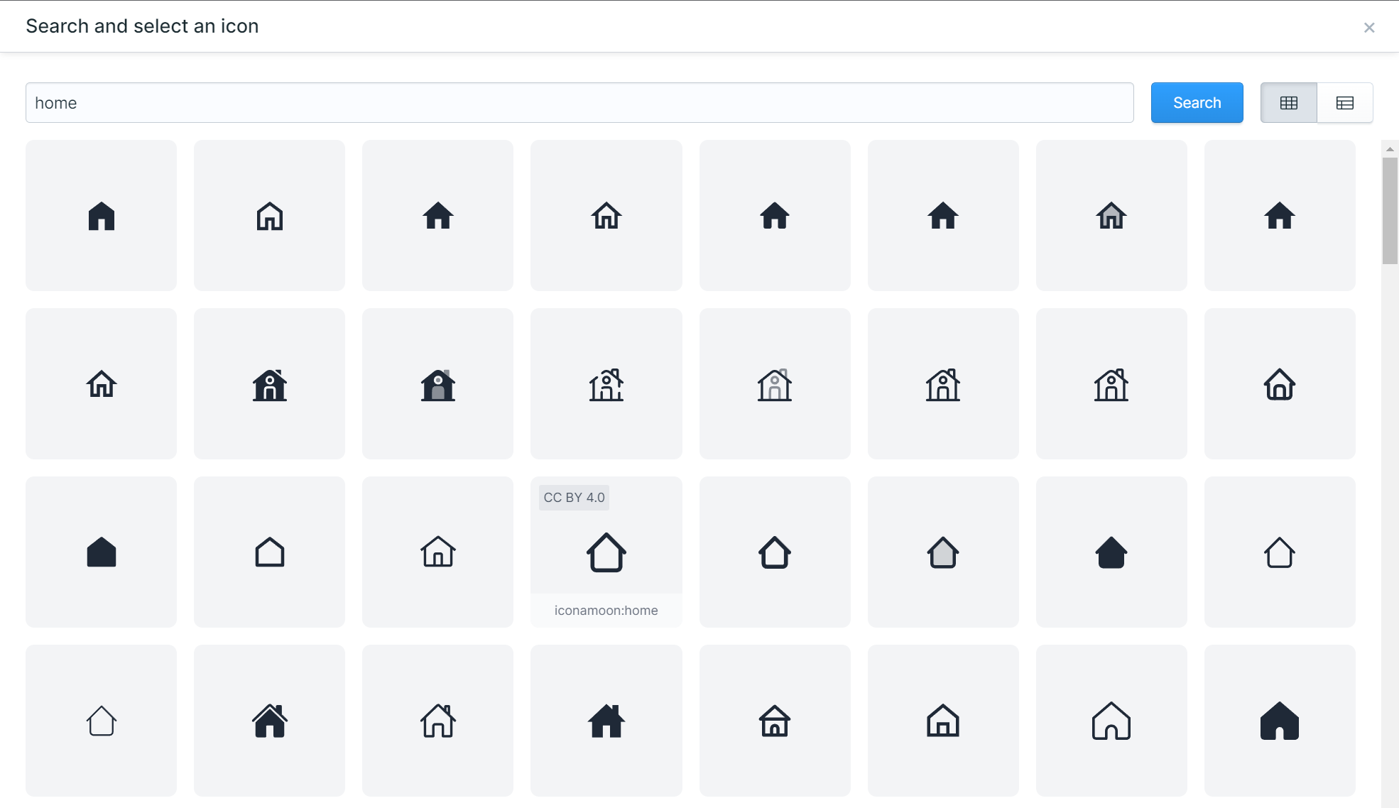 Screenshot of the search and select icon GUI