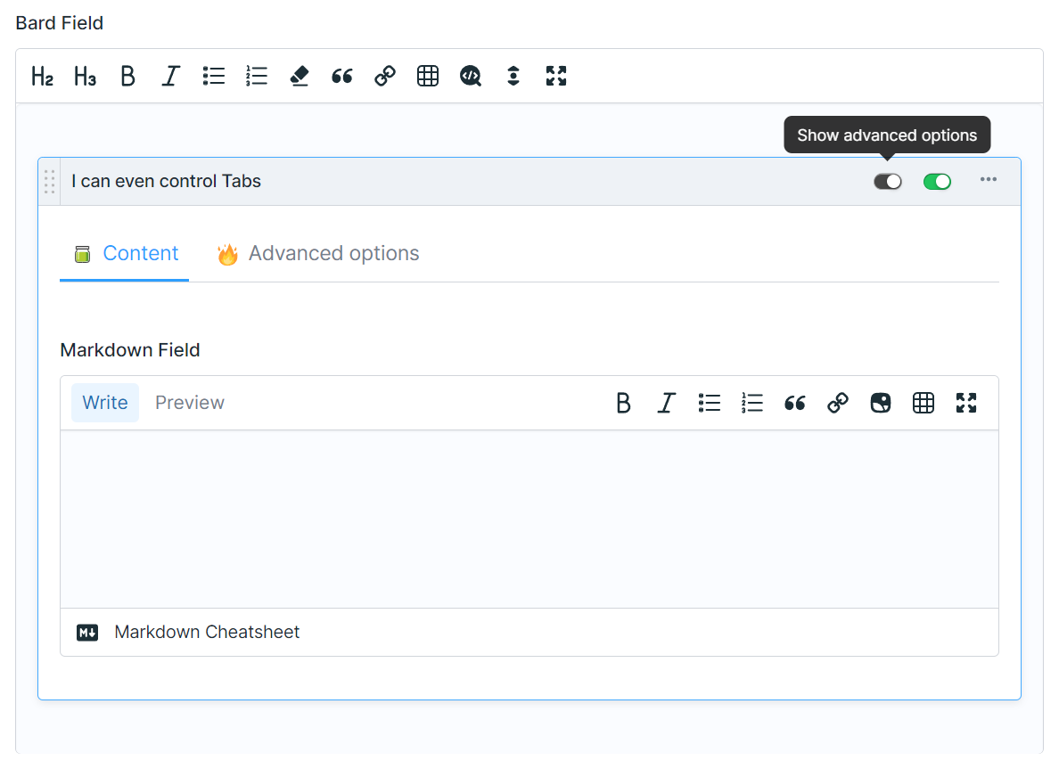 Screenshot of a Set Header Toggle controling the visibility of a Tab
