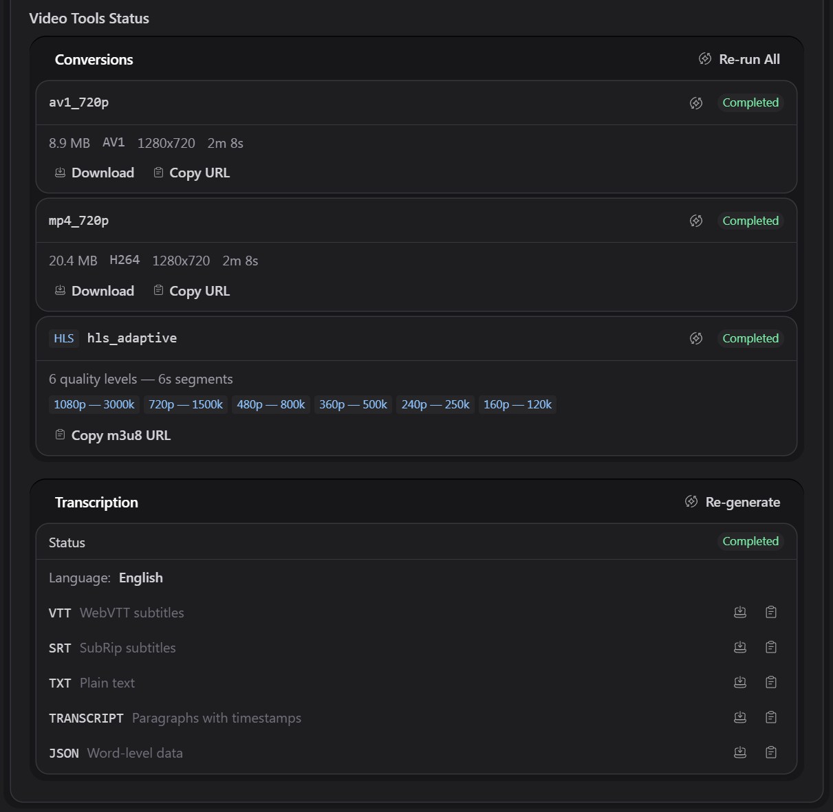 Video Tools Status — Completed