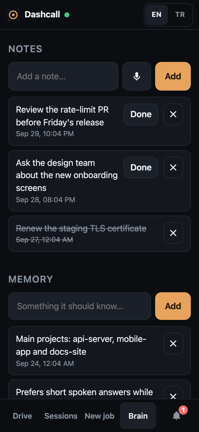 Brain: notes and reminders, memory and muted sessions