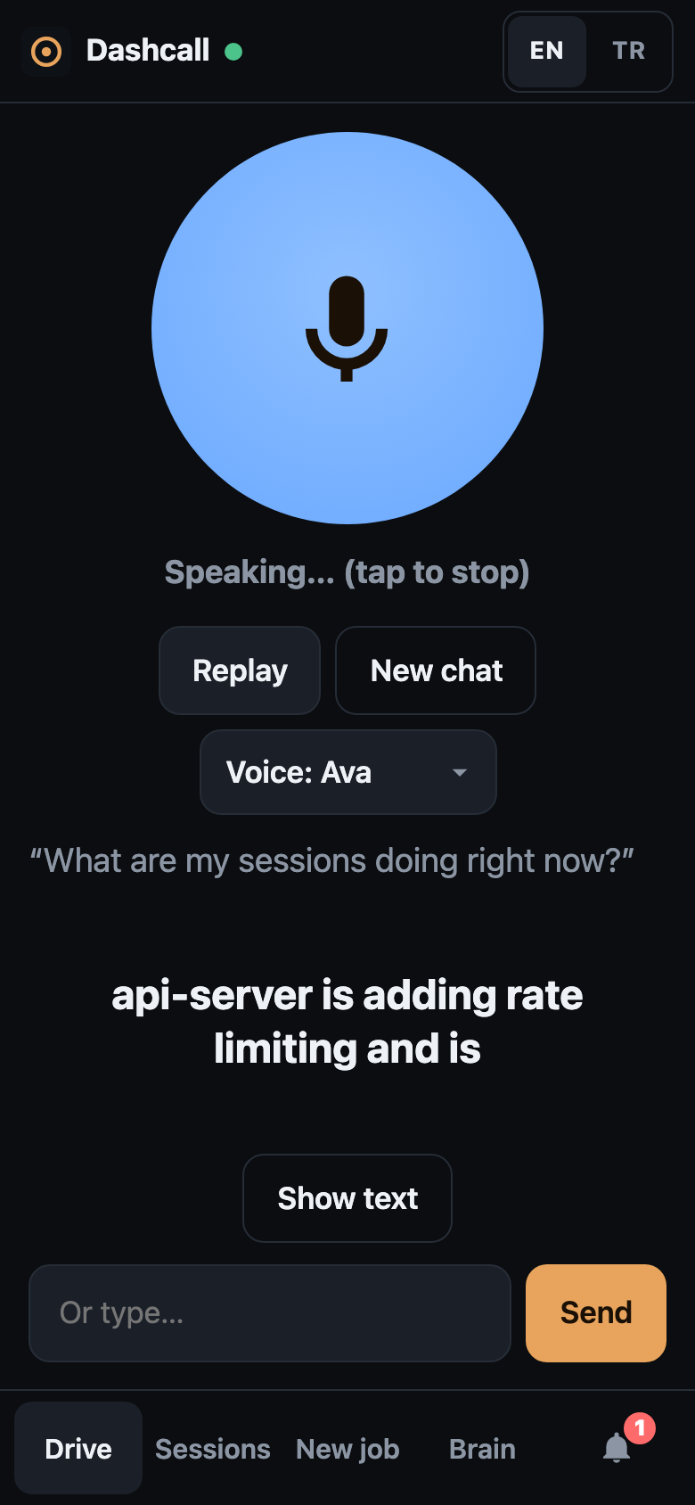 Drive mode: one big talk button, the question and the answer as synced subtitles