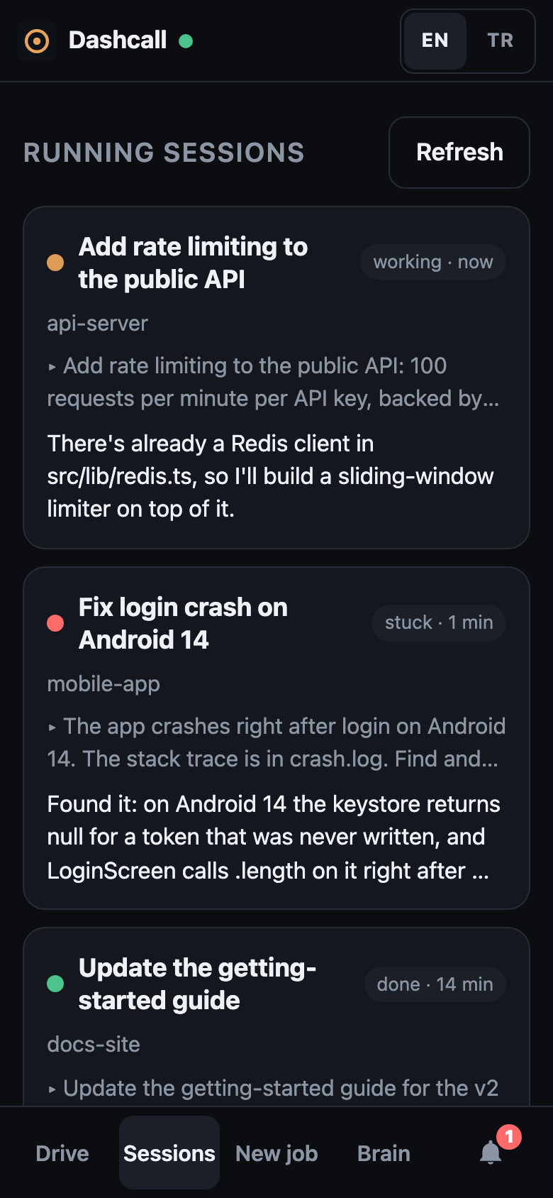 Sessions: running Claude Code sessions with their status, last prompt and last reply