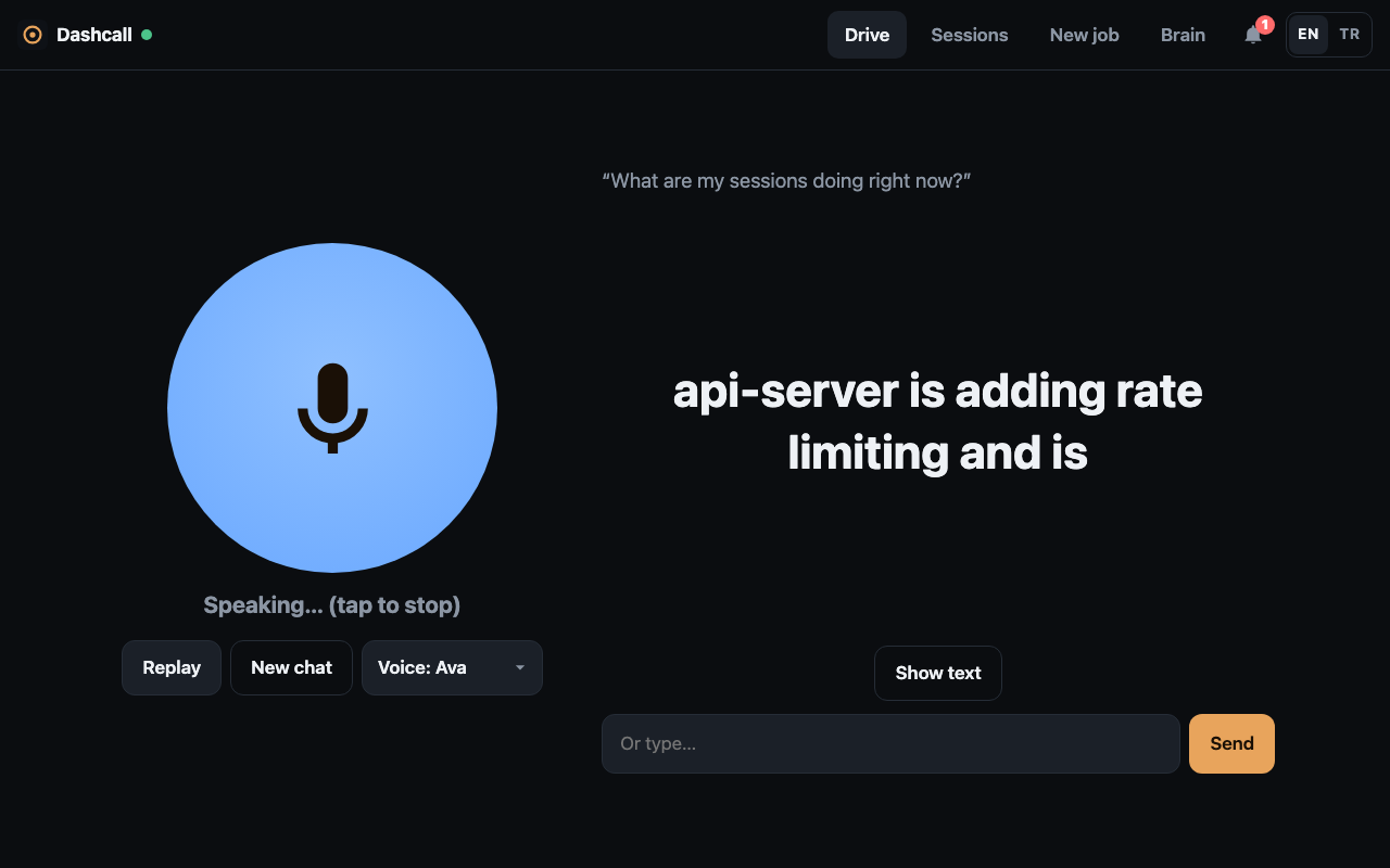 Drive mode on a wide screen: the talk button on the left, the question and subtitles on the right