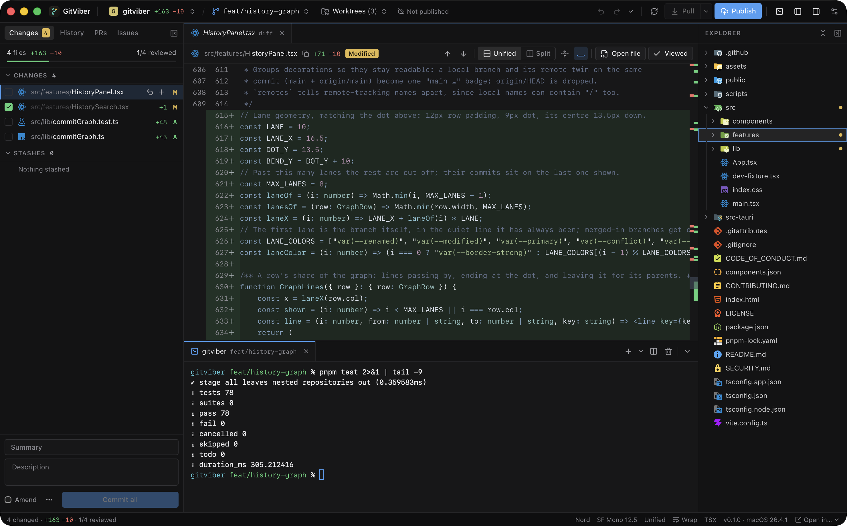 GitViber with a diff, the file explorer and the terminal open