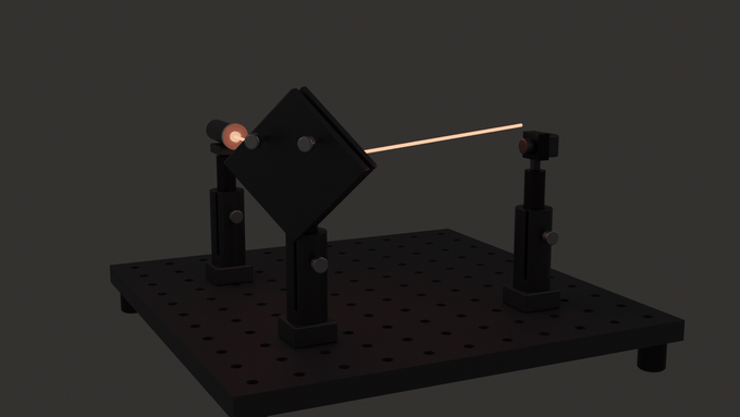 A laser beam steered by a kinematic mirror lands well off the detector centre, then auto-alignment walks the mount until the beam is re-centred on the sensor — rendered live in Blender