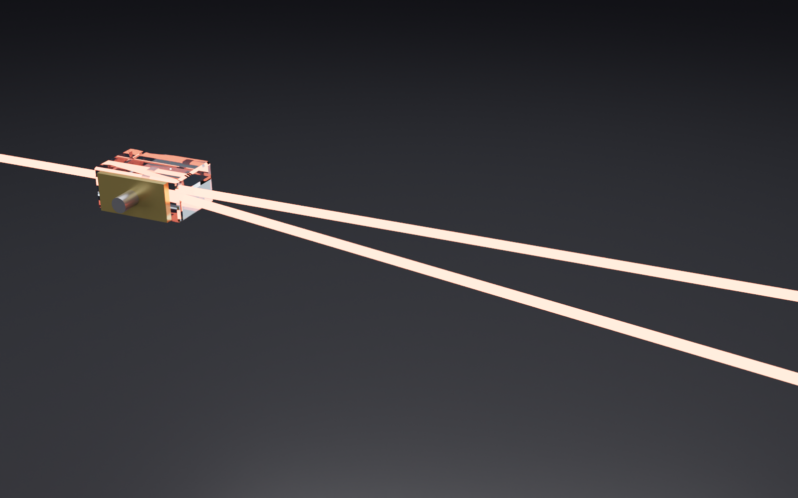 An acousto-optic modulator: a clear crystal with a gold piezo transducer bonded underneath, splitting an input beam into an undiffracted 0th order and a deflected +1 order