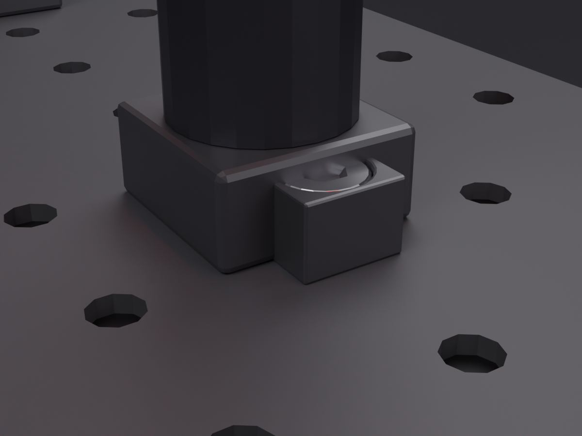 When a post axis misses the breadboard's hole grid, the base grows a slotted clamping ear that reaches the nearest hole — with its screw seated in the slot
