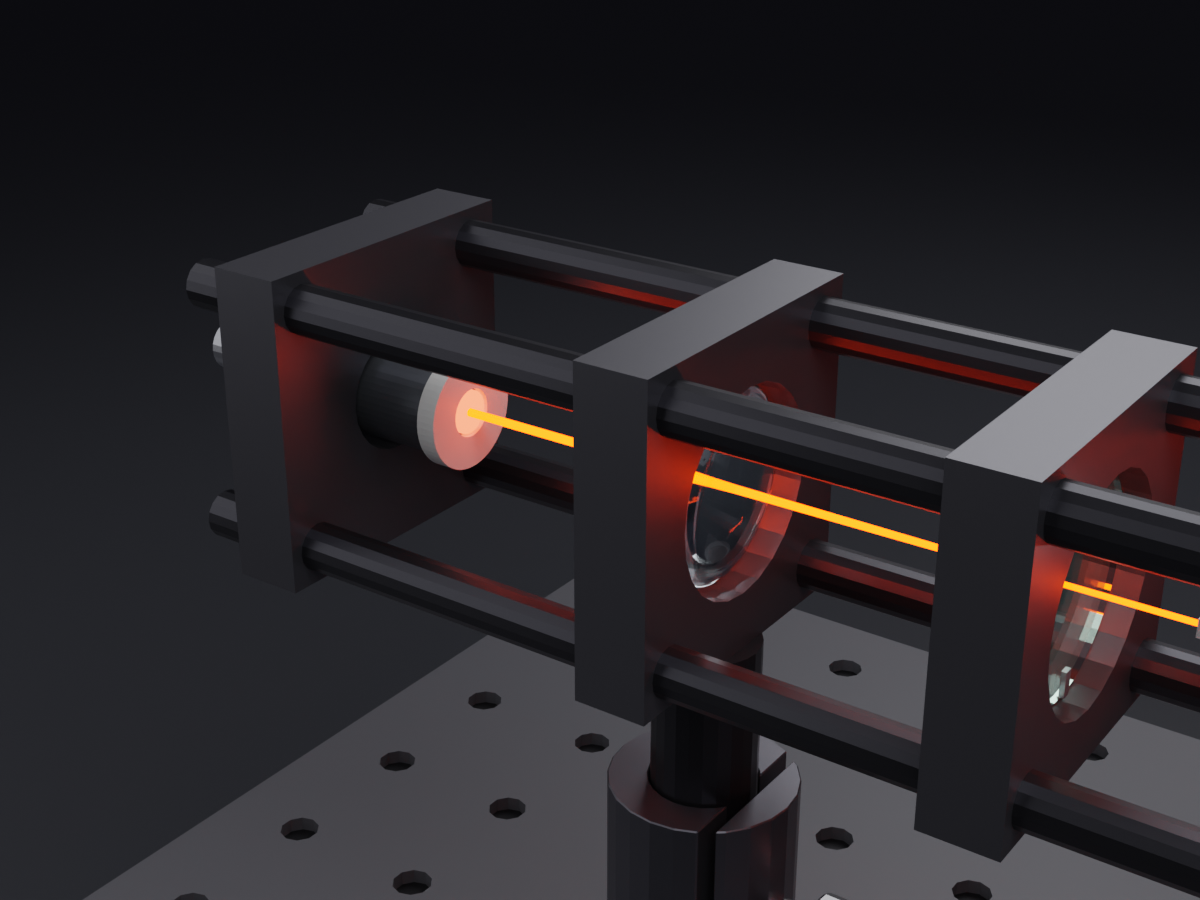 A 30 mm cage train on catalog rods: four ER6 rods end just past the outer plates, each optic gripped by its plate bore, the assembly post-mounted through one plate