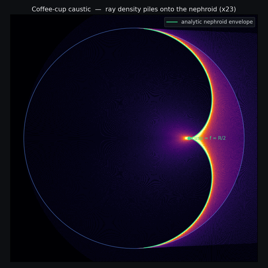 New in v0.24.0: the coffee-cup caustic — parallel rays reflecting off a circular mirror pile onto a nephroid whose cusp sits at the mirror focus R/2