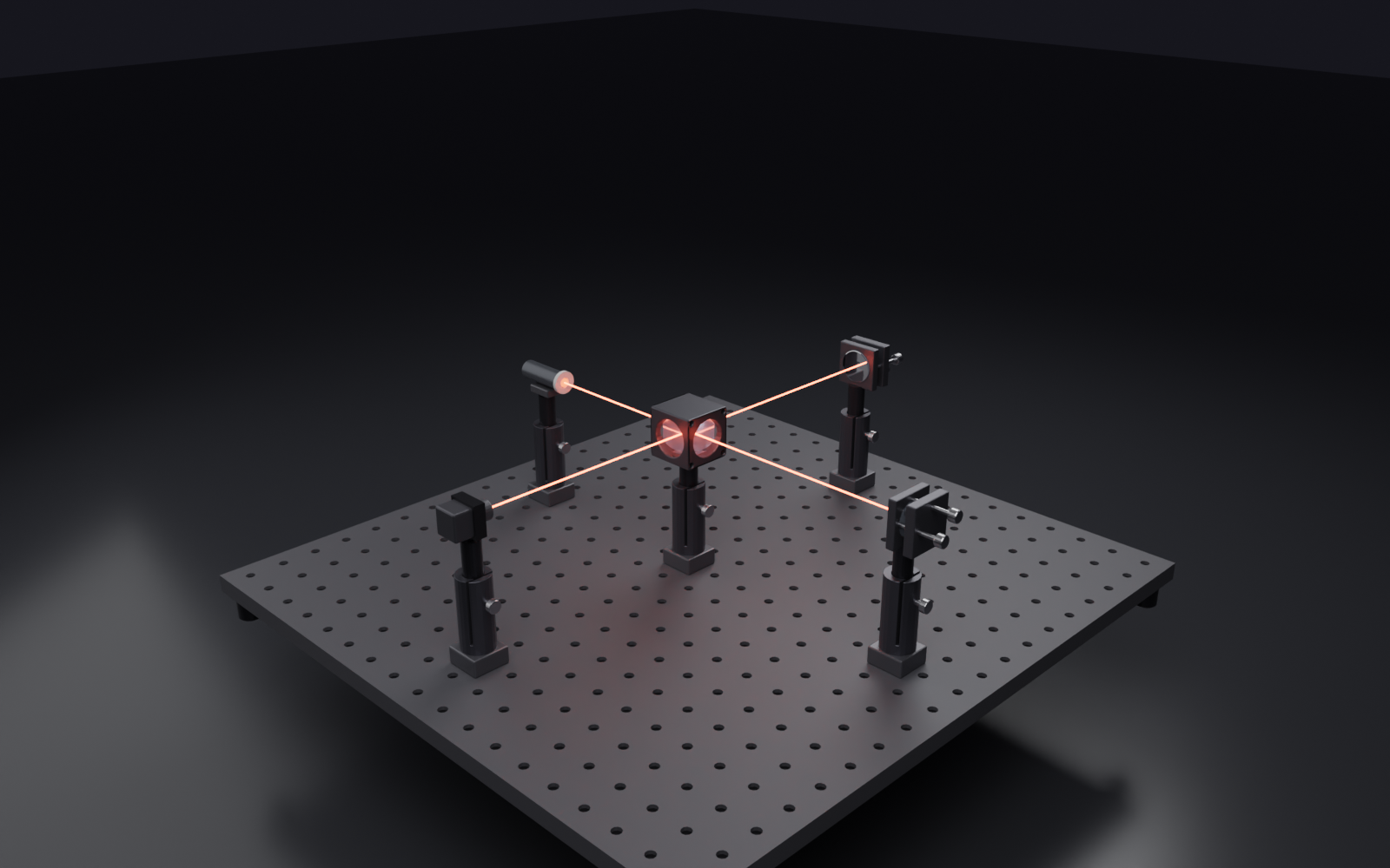 A Michelson interferometer on a tapped-hole breadboard: kinematic mirror mounts, a cube beamsplitter mount, posts in post-holders, all at one beam height