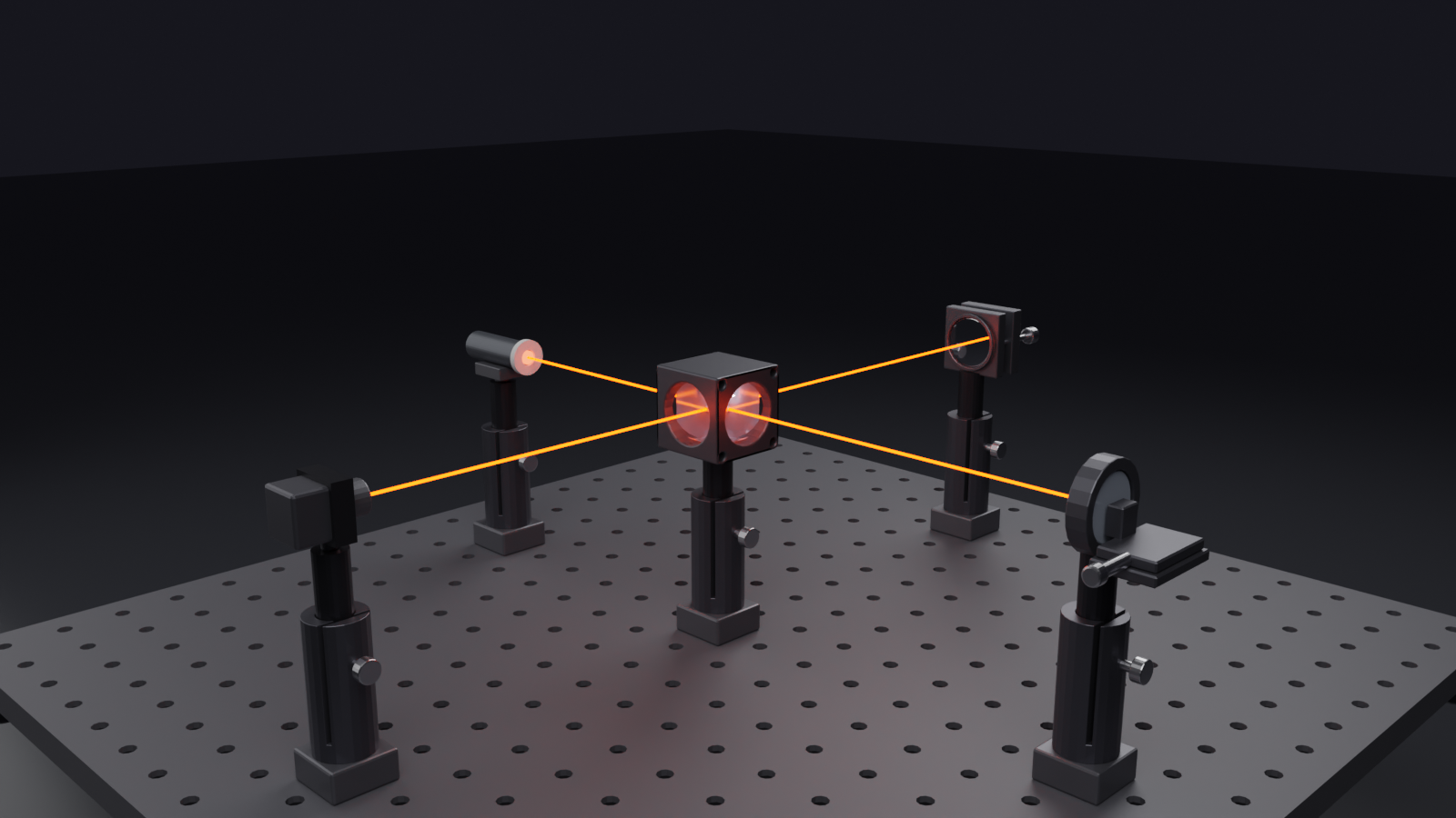 A Michelson interferometer on a tapped breadboard, built and traced in Blender — kinematic mounts, posts and bases on real opto-mechanics, both arms' beams glowing, rendered in Cycles