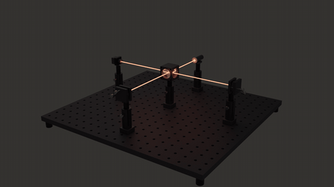 A dressed Michelson interferometer on an optical breadboard, orbited in a Cycles turntable, the laser beams glowing along both arms