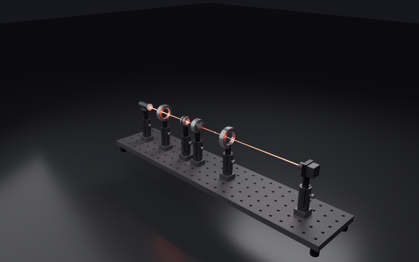 An infinity-corrected microscope optical train on a breadboard: lamp, condenser, sample, a colour-ringed objective, tube lens, and camera, with the beam traced through